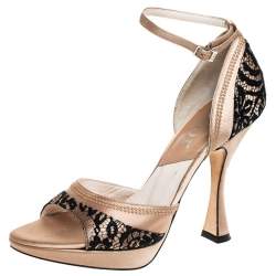 Dior Beige Satin And Black Lace Ankle Strap Open Toe Sandals Size 37.5