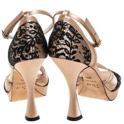 Dior Beige Satin And Black Lace Ankle Strap Open Toe Sandals Size 37.5