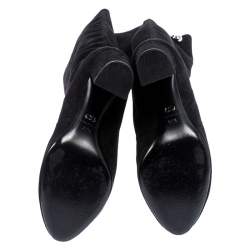 Pre Owned حذاء بوت ديور كعب عريض فوق الركبة تفاصيل شعار لون فضي سويدي أسود مقاس 37.5