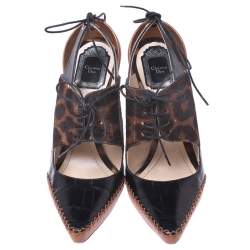 مملوكة مسبقًا Dior Leopard Print Pony Hair And Black Croc Embossed Leather Lace Up Pointed Toe Pumps Size 39