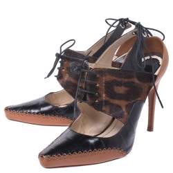 مملوكة مسبقًا Dior Leopard Print Pony Hair And Black Croc Embossed Leather Lace Up Pointed Toe Pumps Size 39