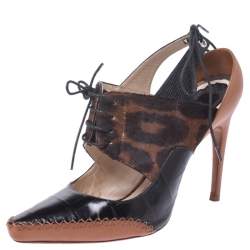 مملوكة مسبقًا Dior Leopard Print Pony Hair And Black Croc Embossed Leather Lace Up Pointed Toe Pumps Size 39