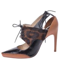 مملوكة مسبقًا Dior Leopard Print Pony Hair And Black Croc Embossed Leather Lace Up Pointed Toe Pumps Size 39