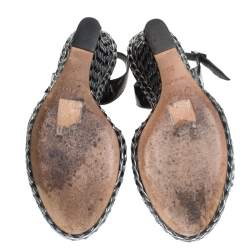 Pre Owned Dior Two Tone Patent Leather And Braid Woven Wedge Slingback Platform Sandals Size 36