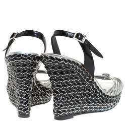 Pre Owned Dior Two Tone Patent Leather And Braid Woven Wedge Slingback Platform Sandals Size 36