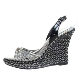Pre Owned Dior Two Tone Patent Leather And Braid Woven Wedge Slingback Platform Sandals Size 36