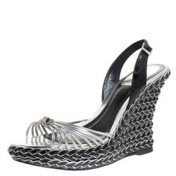 Pre Owned Dior Two Tone Patent Leather And Braid Woven Wedge Slingback Platform Sandals Size 36