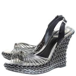 Pre Owned Dior Two Tone Patent Leather And Braid Woven Wedge Slingback Platform Sandals Size 36