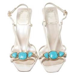 Pre Owned صندل ديور بيدرا مقدمة مفتوحة جلد أبيض و أزرق مقاس 36