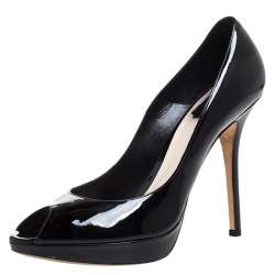 Dior Black Patent Leather Peep Toe Platform Pumps Size 39
