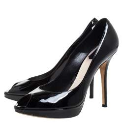 Dior Black Patent Leather Peep Toe Platform Pumps Size 39