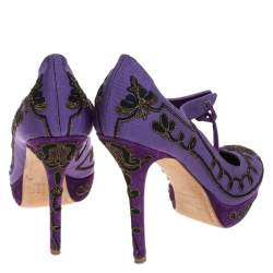 Dior Purple Embroidered Canvas Tie Platform Pumps Size 39