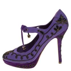 Dior Purple Embroidered Canvas Tie Platform Pumps Size 39