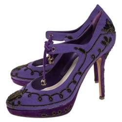 Dior Purple Embroidered Canvas Tie Platform Pumps Size 39