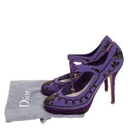 Dior Purple Embroidered Canvas Tie Platform Pumps Size 39
