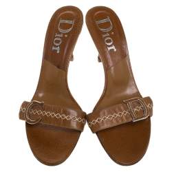 Dior Brown Leather Cross Stitch And Logo Detail Slide Sandals Size 39.5