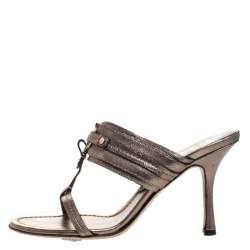 Dior Metallic Leather T Strap Slide Sandals Size 37