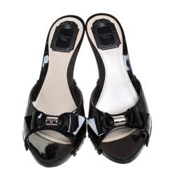 Pre Owned Dior Black Patent Leather Cannage Bow Slides Size 39.5