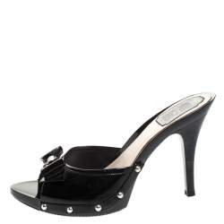 Pre Owned Dior Black Patent Leather Cannage Bow Slides Size 39.5