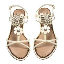 Dior Yellow Patent Leather Metal Flower Embellished Ankle Strap Sandals Size 40.5