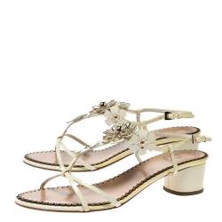 Dior Yellow Patent Leather Metal Flower Embellished Ankle Strap Sandals Size 40.5