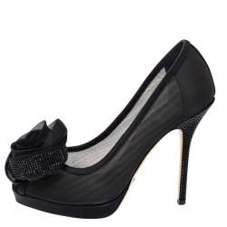 مملوكة مسبقًا Dior Black Mesh and Satin Chiffon Flower Peep Toe Platform Pumps Size 37.5