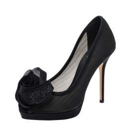 مملوكة مسبقًا Dior Black Mesh and Satin Chiffon Flower Peep Toe Platform Pumps Size 37.5