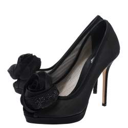 مملوكة مسبقًا Dior Black Mesh and Satin Chiffon Flower Peep Toe Platform Pumps Size 37.5