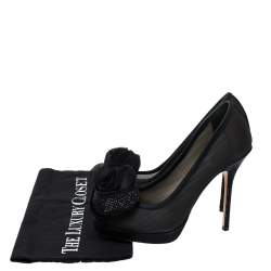 مملوكة مسبقًا Dior Black Mesh and Satin Chiffon Flower Peep Toe Platform Pumps Size 37.5