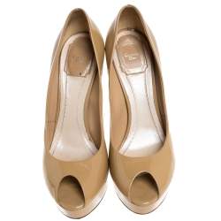 Dior Beige Patent Leather Miss Dior Peep Toe Platform Pumps Size 39.5