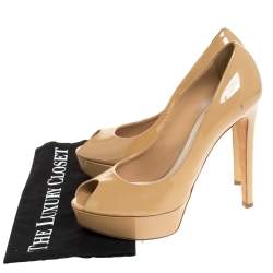 Dior Beige Patent Leather Miss Dior Peep Toe Platform Pumps Size 39.5