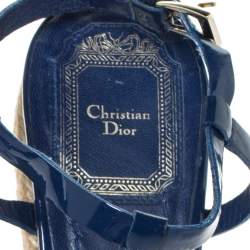 Pre Owned Dior Blue Patent Leather Espadrille Wedge T-Strap Platform Sandals Size 36.5