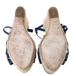 Pre Owned Dior Blue Patent Leather Espadrille Wedge T-Strap Platform Sandals Size 36.5