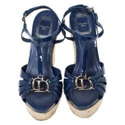 Pre Owned Dior Blue Patent Leather Espadrille Wedge T-Strap Platform Sandals Size 36.5