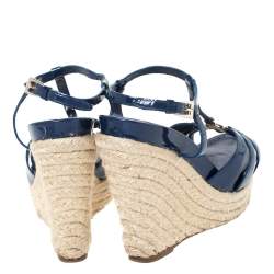 Pre Owned Dior Blue Patent Leather Espadrille Wedge T-Strap Platform Sandals Size 36.5