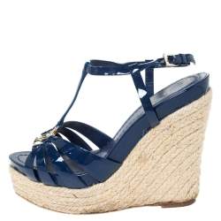 Pre Owned Dior Blue Patent Leather Espadrille Wedge T-Strap Platform Sandals Size 36.5