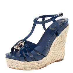 Pre Owned Dior Blue Patent Leather Espadrille Wedge T-Strap Platform Sandals Size 36.5