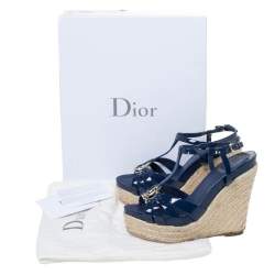 Pre Owned Dior Blue Patent Leather Espadrille Wedge T-Strap Platform Sandals Size 36.5