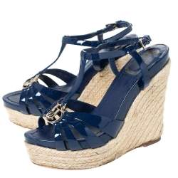 Pre Owned Dior Blue Patent Leather Espadrille Wedge T-Strap Platform Sandals Size 36.5
