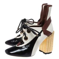 Pre Owned Dior Tricolor Patent Leather And Canvas Glorious Lace-Up Ankle Booties Size 38