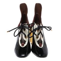 Pre Owned Dior Tricolor Patent Leather And Canvas Glorious Lace-Up Ankle Booties Size 38