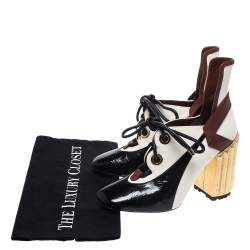 Pre Owned Dior Tricolor Patent Leather And Canvas Glorious Lace-Up Ankle Booties Size 38