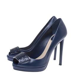Dior Blue Leather Cannage Plaque Peep Toe Platform Pumps Size 37