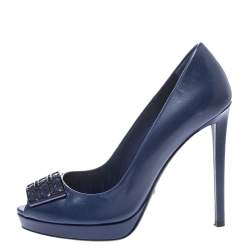 Dior Blue Leather Cannage Plaque Peep Toe Platform Pumps Size 37