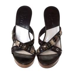 Dior Brown Leather Studded Cross Strap Platform Sandals Size 38