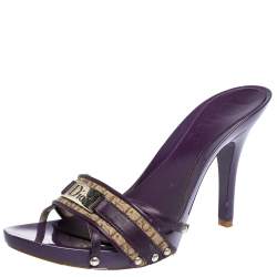 Dior Purple/Beige Patent Leather And Canvas Open Toe Sandals Size 38