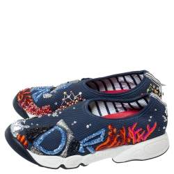 Pre Owned حذاء رياضي ديور فيوجن شبكة زرقاء مزخرف بعنق منخفض مقاس 36