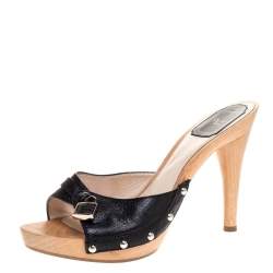 Pre Owned Dior Black Leather Lock Wooden Clog Slide Sandals Size 38.5