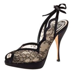 Pre Owned Dior Black Lace And Satin Ankle Tie Slingback Platform Sandals Size 36