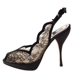 Pre Owned Dior Black Lace And Satin Ankle Tie Slingback Platform Sandals Size 36